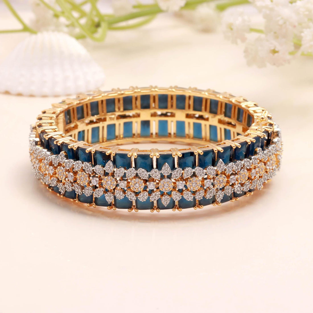 Blue Sapphire CZ Openable Bangle | 22K Gold Plated Kada Bracelet | Traditional Indian Jewelry | Bridal Bangle |Wedding Bangle | Gift For Her — 2