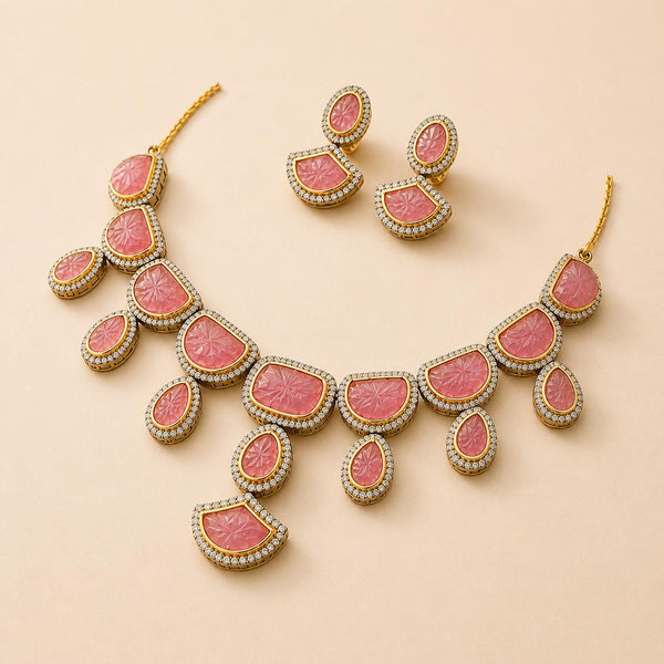 Pink Rose Quarts Carving Stone Necklace, Gold Plated Jewelry, Bride Jewelry, Vintage Gift for her