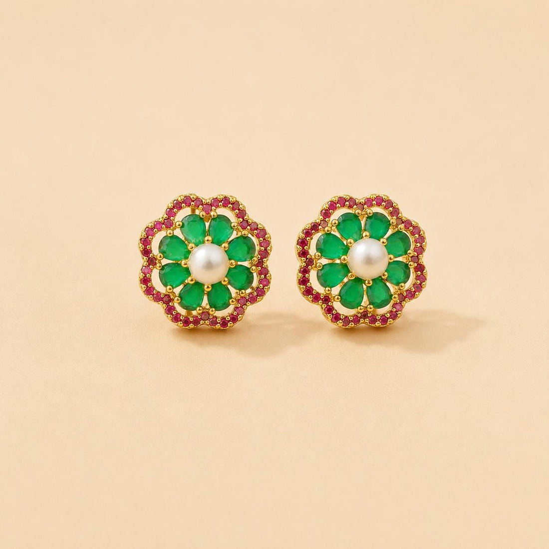 Emerald Ruby Pearl Earrings | Gold Plated Art Deco Wedding Jewelry | Bridal Statement Earrings | Vintage Style Ethnic Jewelry | Gift for Her — 2