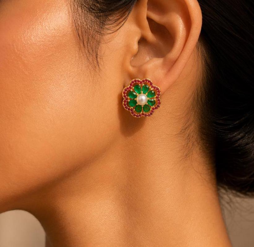 Emerald Ruby Pearl Earrings | Gold Plated Art Deco Wedding Jewelry | Bridal Statement Earrings | Vintage Style Ethnic Jewelry | Gift for Her — 3
