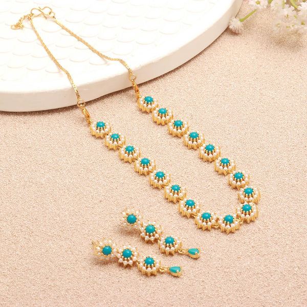 Blue White Necklace Set | Turquoise Pearl Jewelry | Gift For Women | Bridal Necklace | Wedding Necklace | 22K Gold Plated Necklace