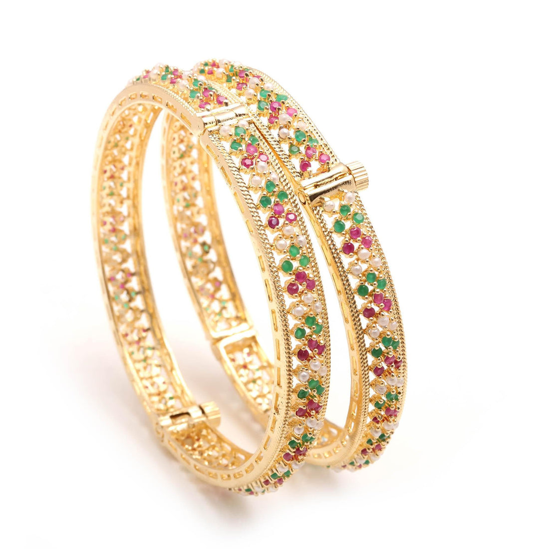 22K Gold Plated Ruby Emerald Pearl Kada Bangle | Traditional Indian Bracelet | Bridal Wedding Jewelry | Ethnic Bangle | Gift For Her — 4