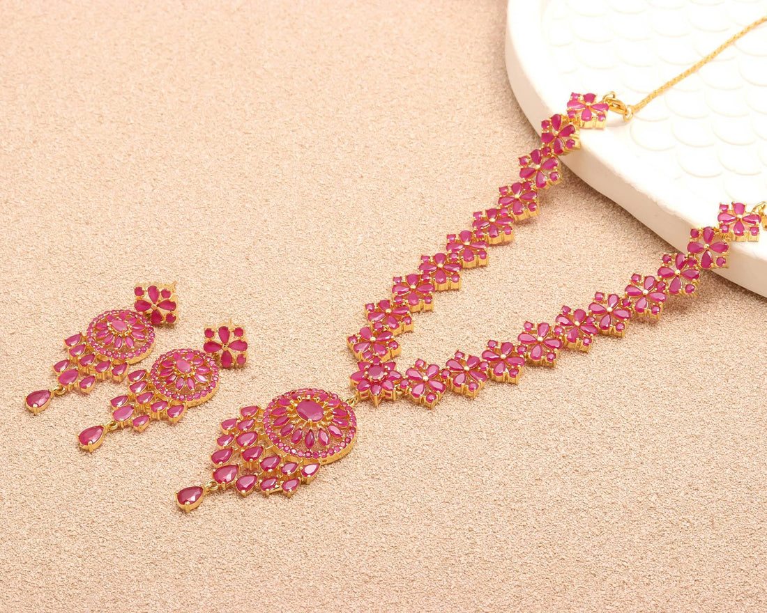 Ruby Pink Stone Necklace Set |22K Gold Plated Pear Marquise Traditional Indian Jewelry |Party Wear Necklace |Gift For Women |Bridal Necklace — 1