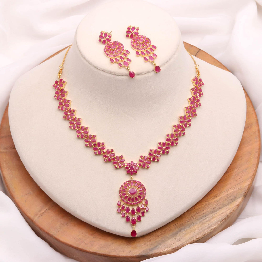 Ruby Pink Stone Necklace Set |22K Gold Plated Pear Marquise Traditional Indian Jewelry |Party Wear Necklace |Gift For Women |Bridal Necklace — 4