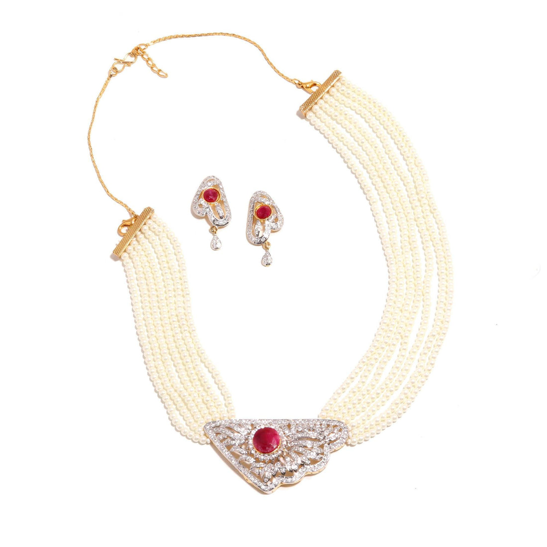 Pearl Multi Layer Choker Necklace Set with Ruby | 22K Gold Plated CZ Jewelry | Wedding Necklace | Gift For Her | Indian Statement Choker — 5