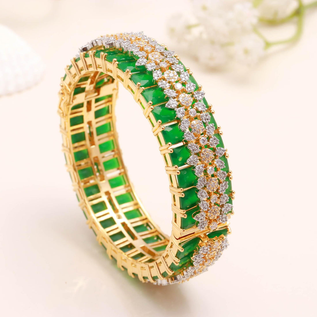 Emerald CZ Openable Bangle |22K Gold Plated Handmade Kada Bracelet | Bridal Openable Bangle | Wedding Bangle | Gift For Her — 3