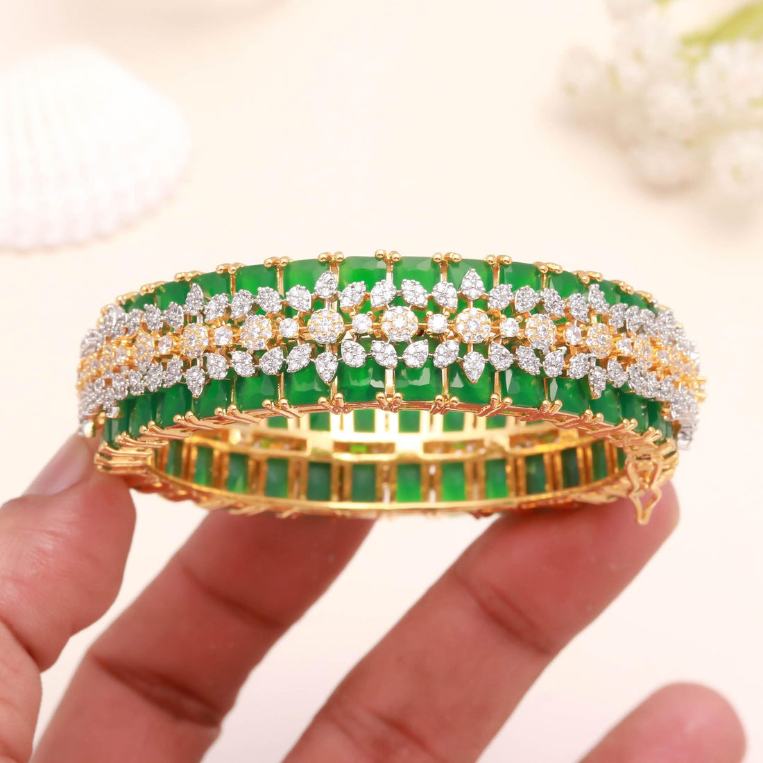 Emerald CZ Openable Bangle |22K Gold Plated Handmade Kada Bracelet | Bridal Openable Bangle | Wedding Bangle | Gift For Her — 5