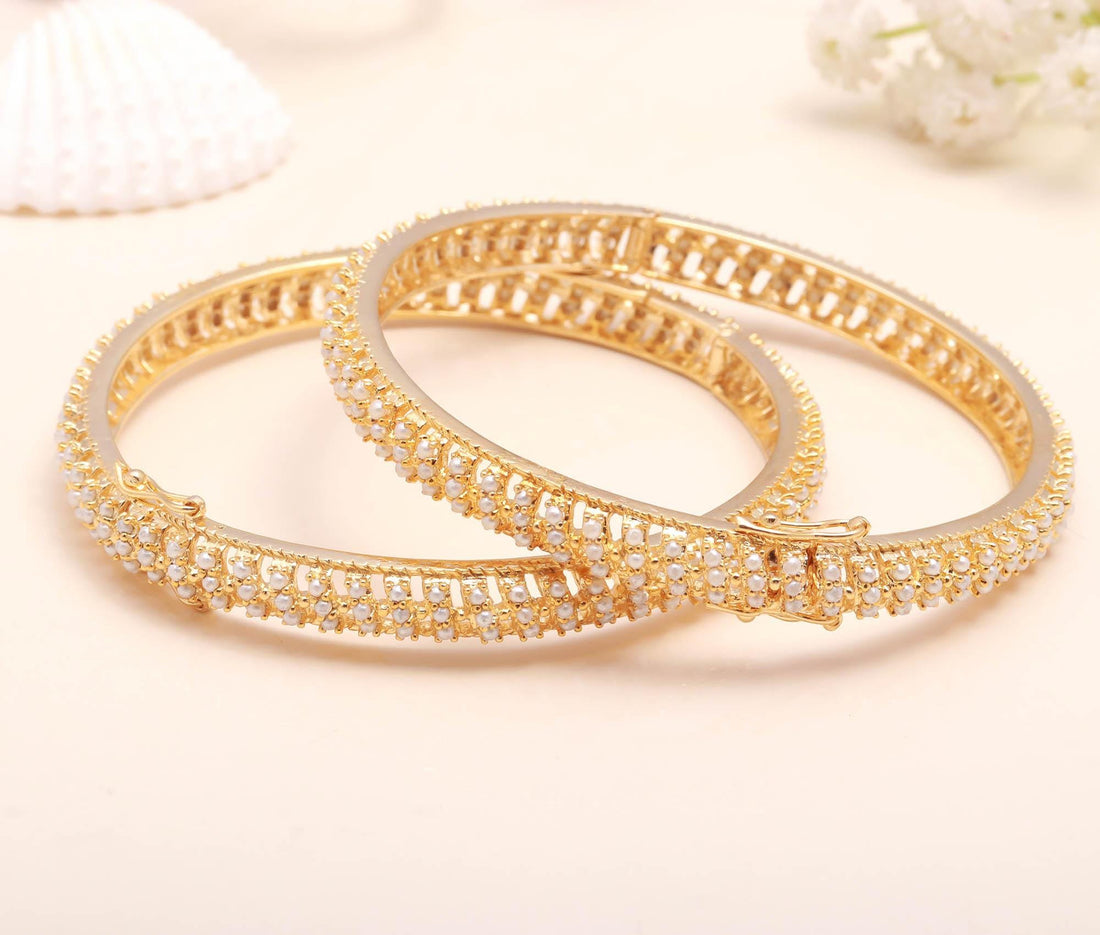 Faux Pearl Openable Bangles | 22K Yellow Gold Plated Pearl Bracelet Set | Traditional Indian Bangles |Ethnic Wedding Bangles |Gift For Women — 1