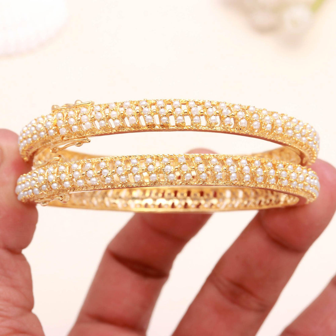 Faux Pearl Openable Bangles | 22K Yellow Gold Plated Pearl Bracelet Set | Traditional Indian Bangles |Ethnic Wedding Bangles |Gift For Women — 2