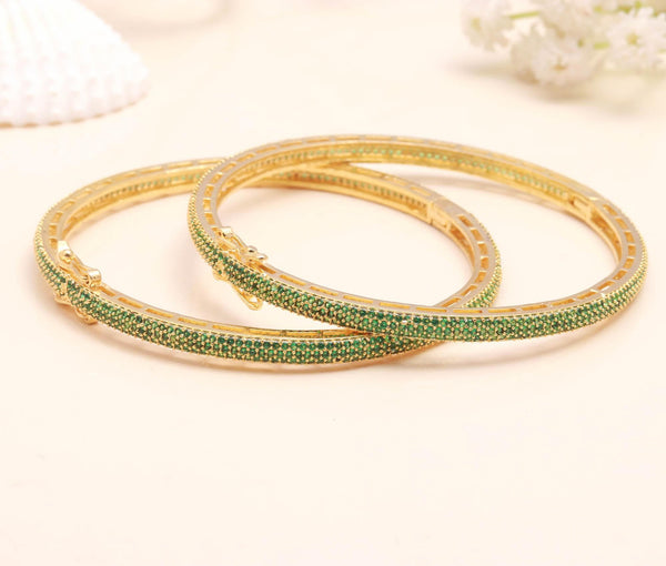 Green Emerald CZ Openable Bangles | 22K Gold Plated Traditional Indian Bracelet Set | Round Green CZ Bridal Bangles | Gift For Her