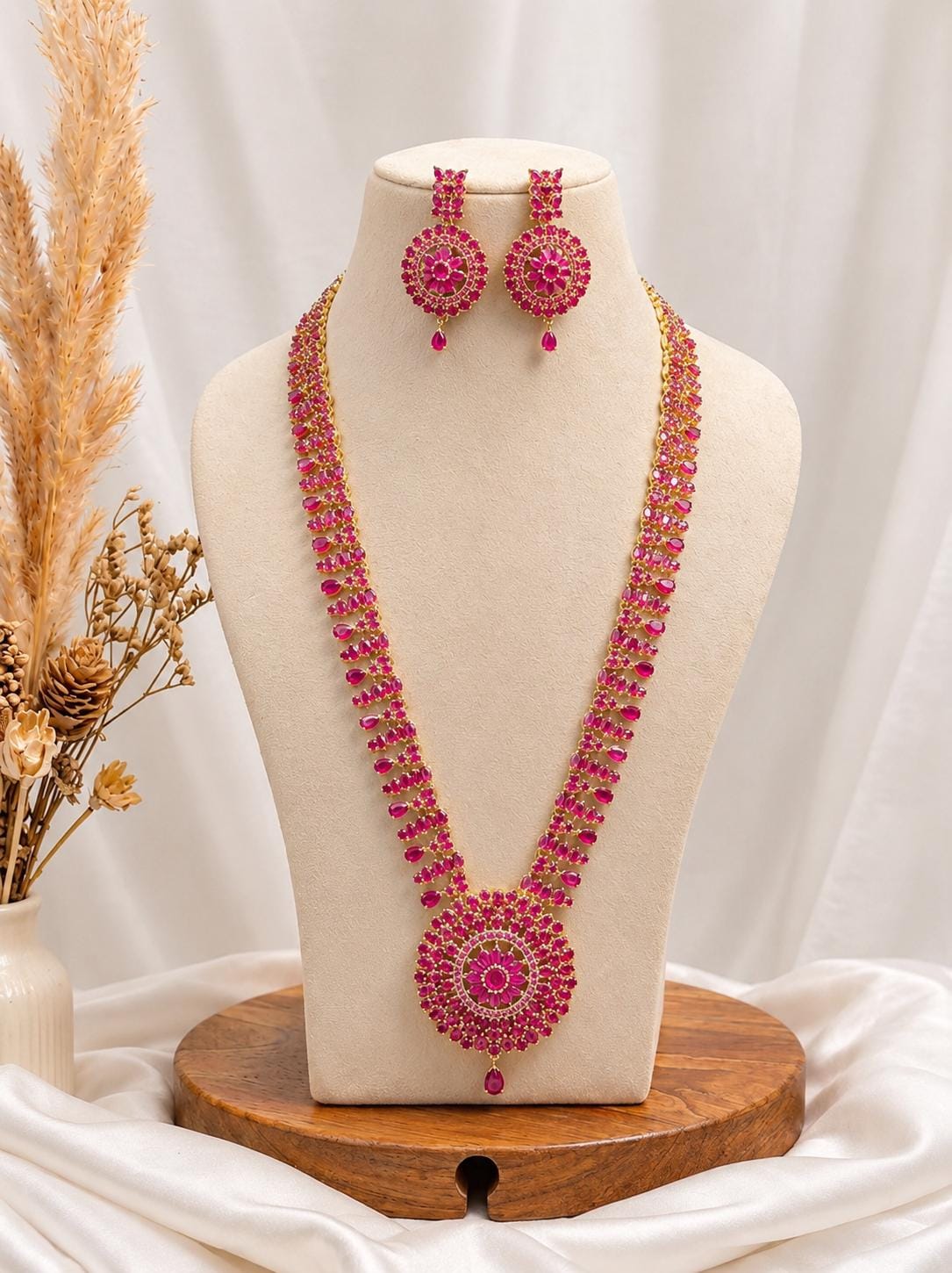 22K Gold Plated South Indian Necklace | Ruby Emerald Coral Gemstone Bridal Wedding Jewelry | Traditional Statement Necklace | Gift for Women — 1