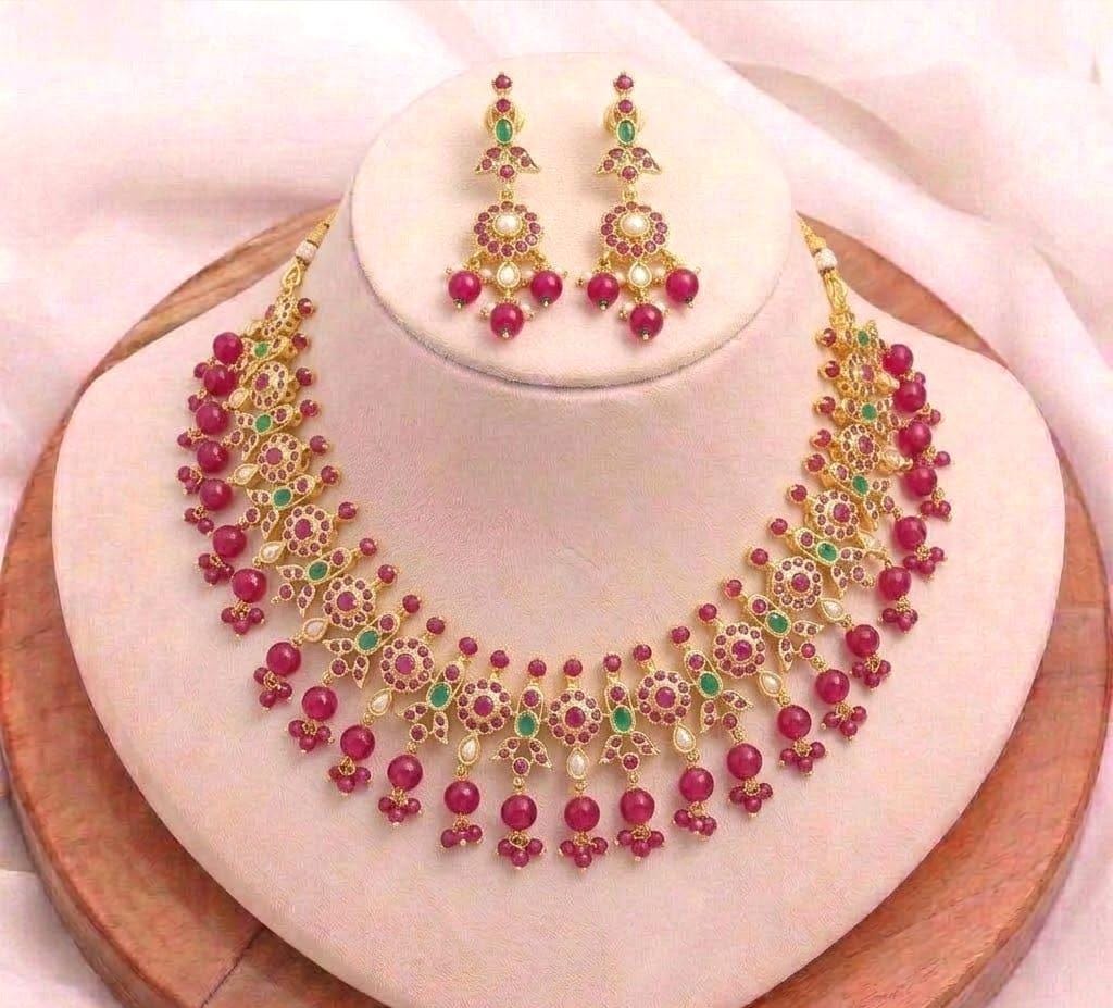 Gold Plated Ruby Necklace Set | South Indian Bridal Wedding Necklace | Traditional Jewelry | Ethnic Statement Necklace | Gift For Her — 7