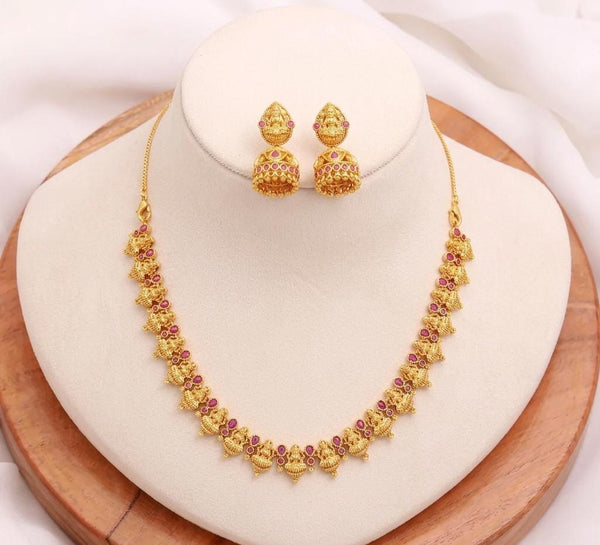 Goddess Lakshmi Ruby Necklace Set | 22k Gold Plated South Indian Temple Jewelry | Traditional Bollywood Style Bridal Necklace