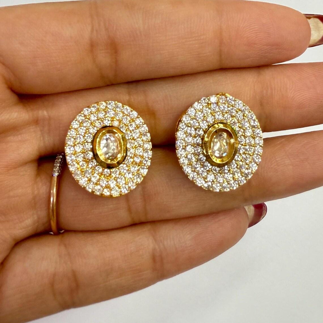 White Ruby Round Stud Earrings | Gold Plated Polki Bridal Jewelry | Indian Wedding Earrings | Ethnic Stud Earrings | Gift For Women — 6