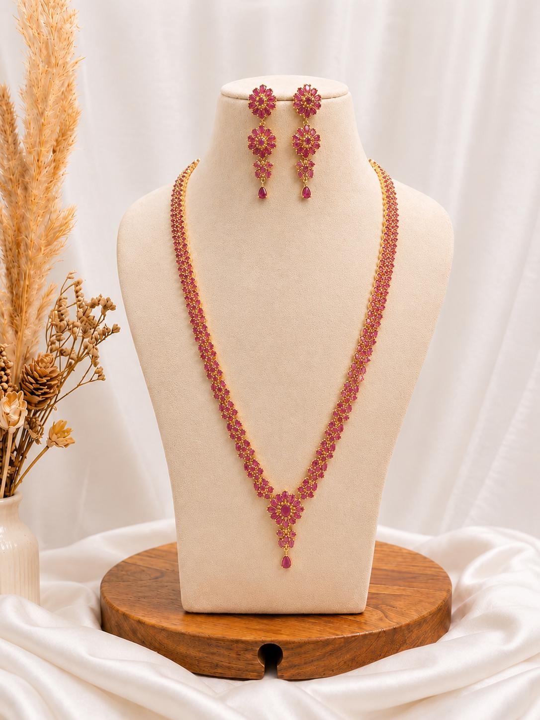 Handmade 22K Gold Plated Red Ruby Necklace Set | Indian Bridal Temple Design Jewelry with Earrings | Traditional Wedding Wear | Gift For Her — 1