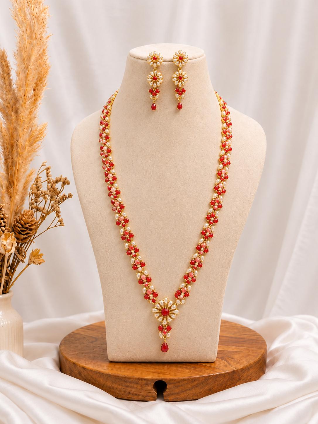 22K Gold Plated Coral Necklace Set | Handmade Indian Traditional Temple Bridal Jewelry | Red Wedding Necklace with Earrings | Gift For Her — 1