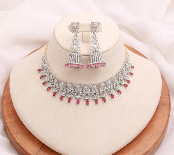 Gold Plated Garnet Cubic Zirconia Necklace Set | White Gold Indian Jewelry | Bridal Wedding Statement Necklace | Gift For Her