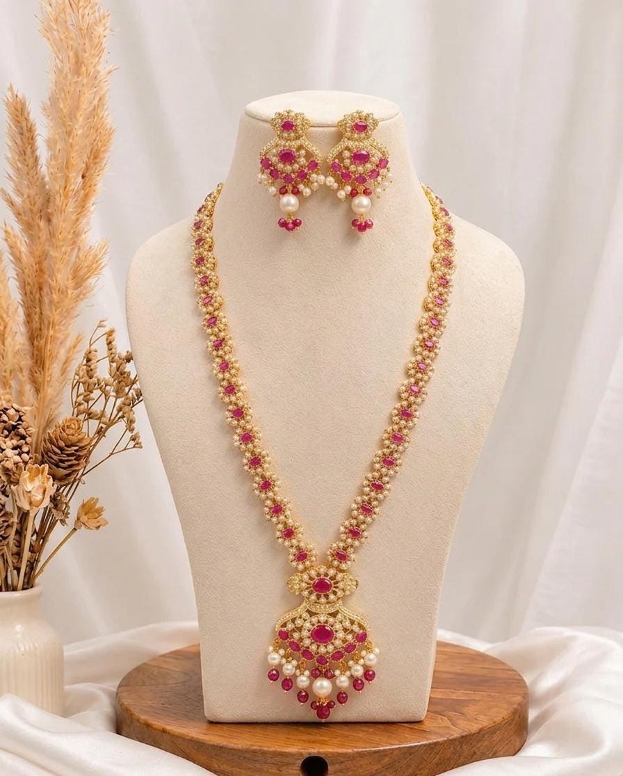 South Indian Ruby Emerald Pearl Long Necklace | Gold Plated Traditional Haram | Bridal Wedding Engagement Jewelry | Gift for Her — 3