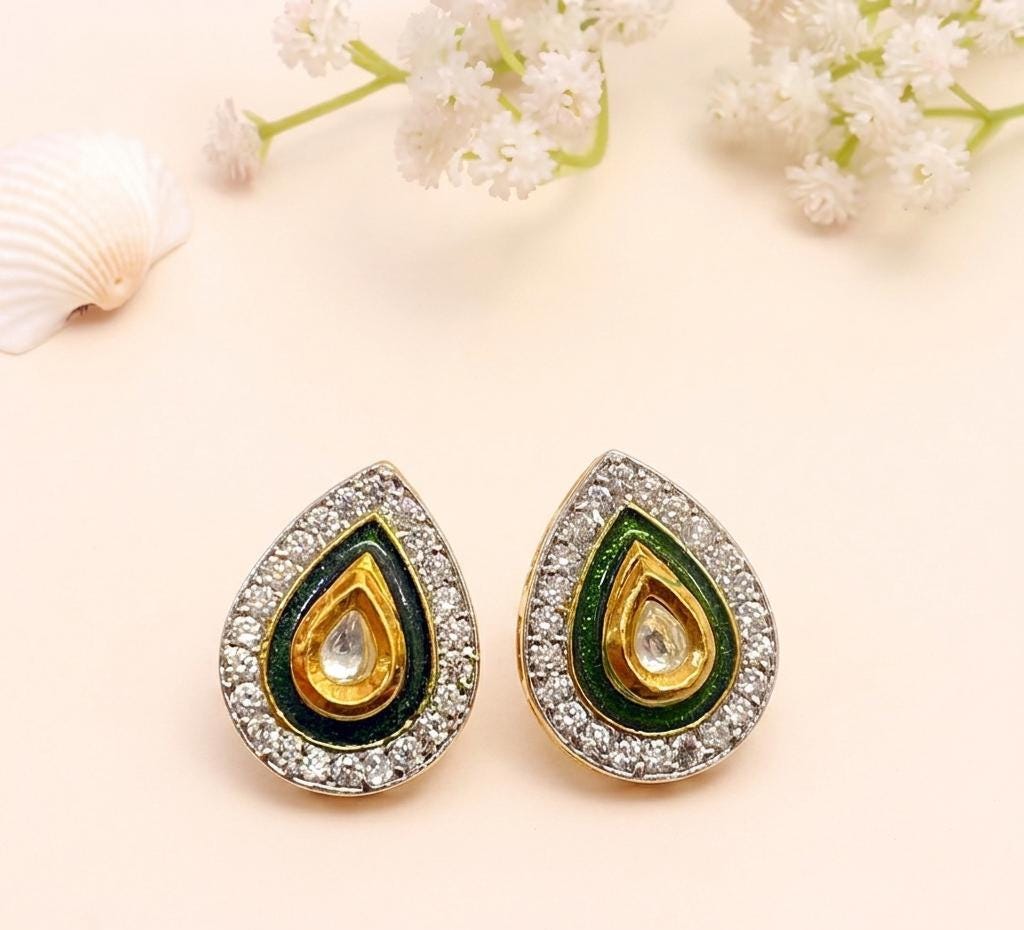 Polki Ruby Tear Drop Stud Earrings | 22K Gold Plated Bridal Statement Earrings | Traditional Earrings | Gift For Her — 1
