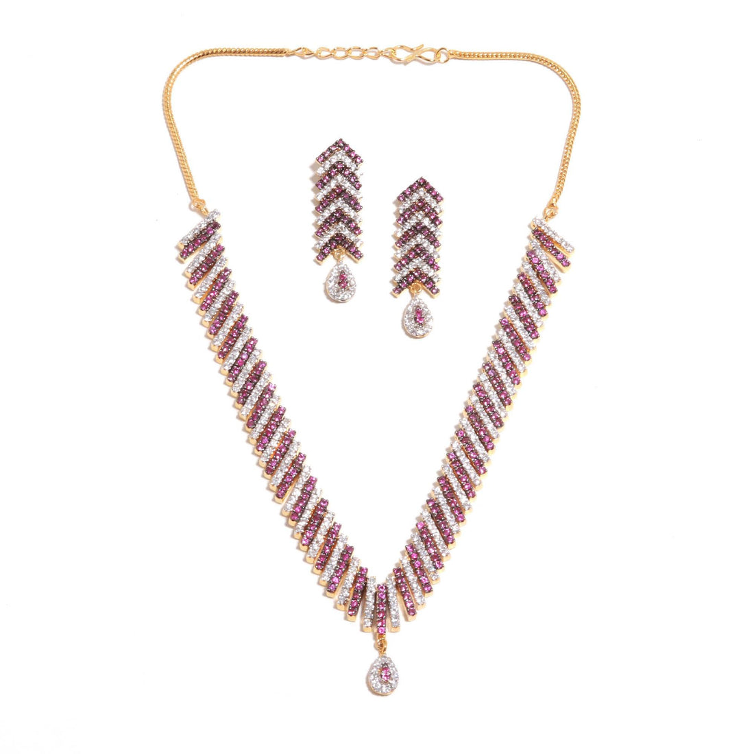 Geometric Collar Necklace Set | 22k Gold Plated Pink Ruby CZ Bridal Jewelry | Wedding Statement Choker | Gift For Women |Engagement Necklace — 4