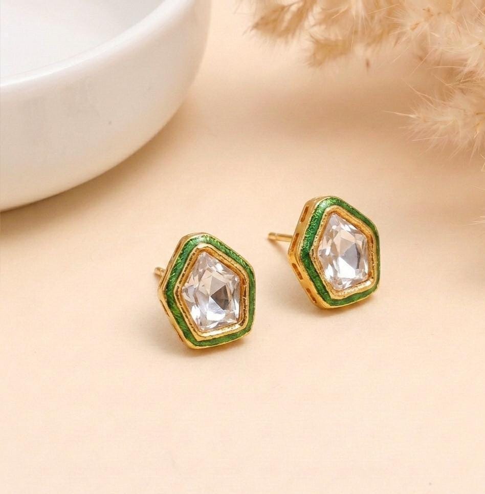 Polki Small Stud Earrings with Green Meenakari Enamel, Gold Plated Indian Earrings, Ethnic Jaipur Jewelry, Handmade Bridal Studs for Women β 1