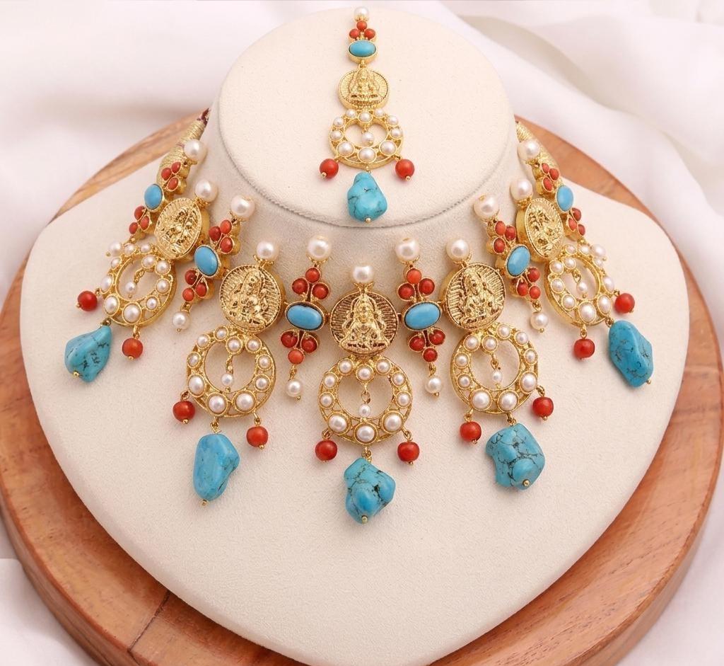 Turquoise Lakshmi Choker Necklace Set |Gold Plated Temple Jewelry | Traditional South Indian Bridal Necklace | Wedding Jewelry|Gift for Her — 1