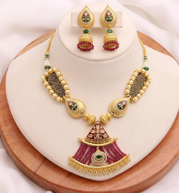 Ruby Emerald Bridal Necklace Set | 22K Gold Plated Luxury Wedding Jewelry | Reception Statement Necklace | Gift For Her | Statement Necklace