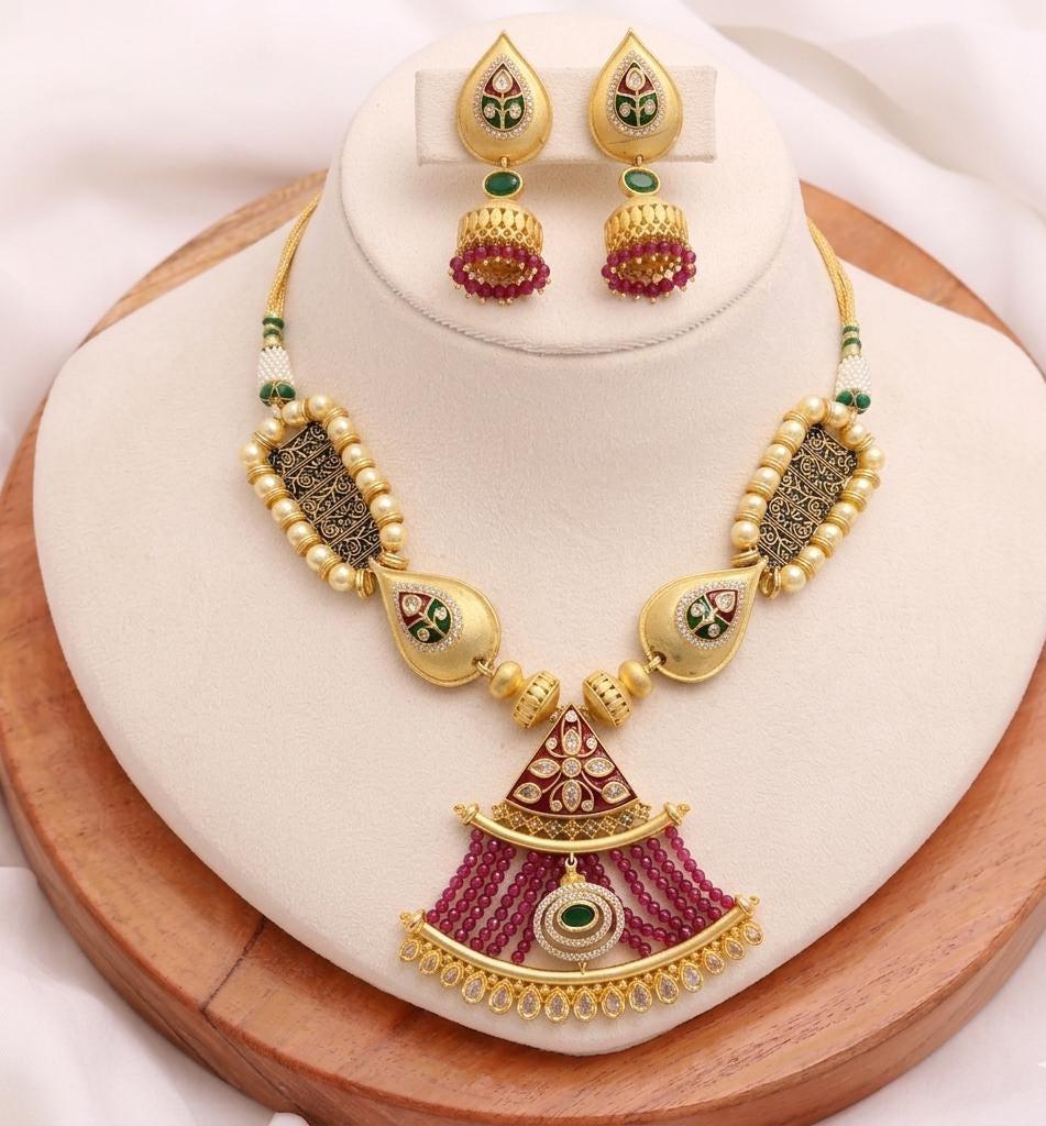 Ruby Emerald Bridal Necklace Set | 22K Gold Plated Luxury Wedding Jewelry | Reception Statement Necklace | Gift For Her | Statement Necklace — 1