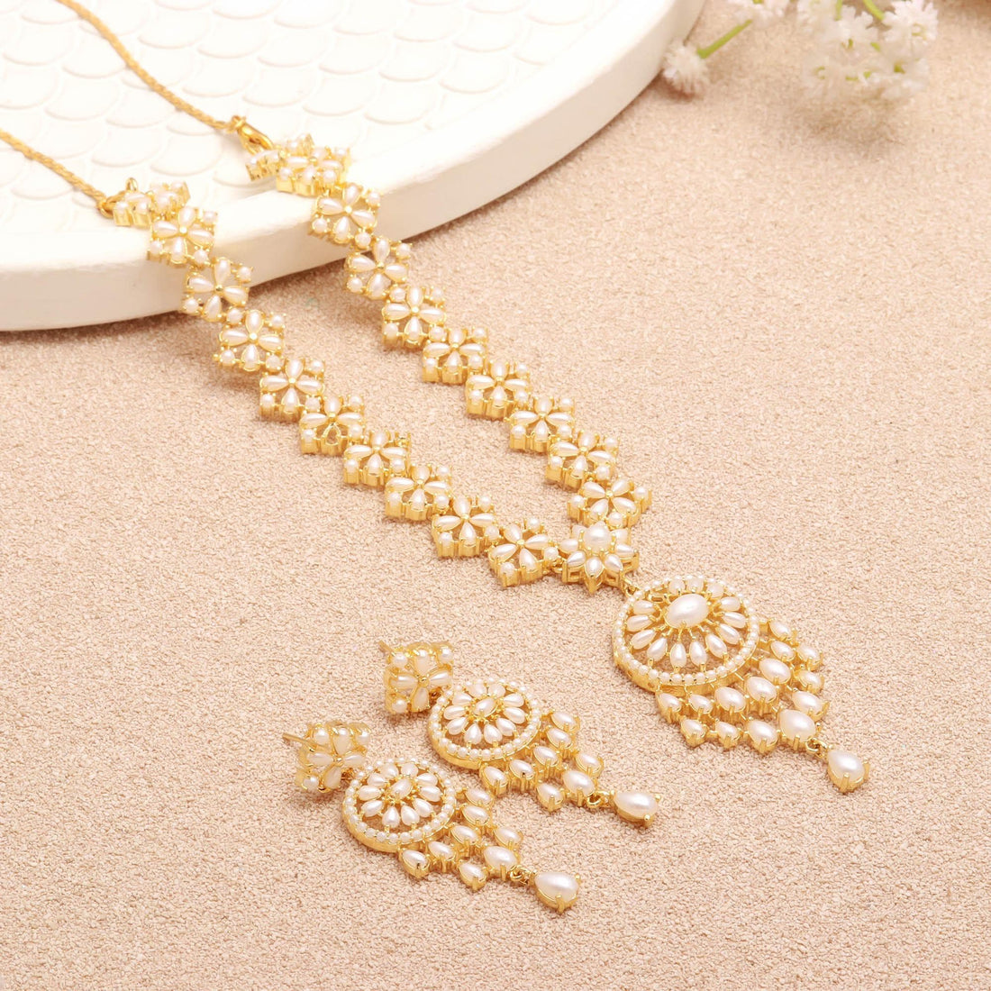 Pearl Necklace Set | Round Oval White Pearl Jewelry | Bridal Wedding Wear Necklace | 22K Gold Plated Traditional Necklace | Gift For Women — 1