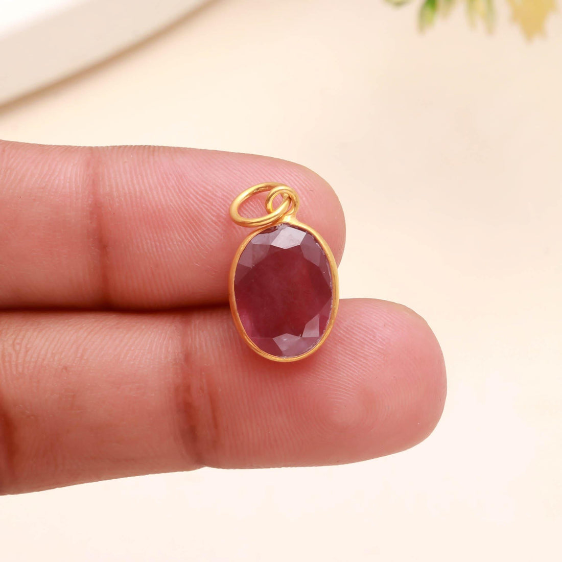 Natural Ruby Gold Charm Pendant | 9K Gold Oval Ruby Gemstone Charm | Bezel Set Ruby Pendant | July Birthstone Jewelry | Gift For Women — 3