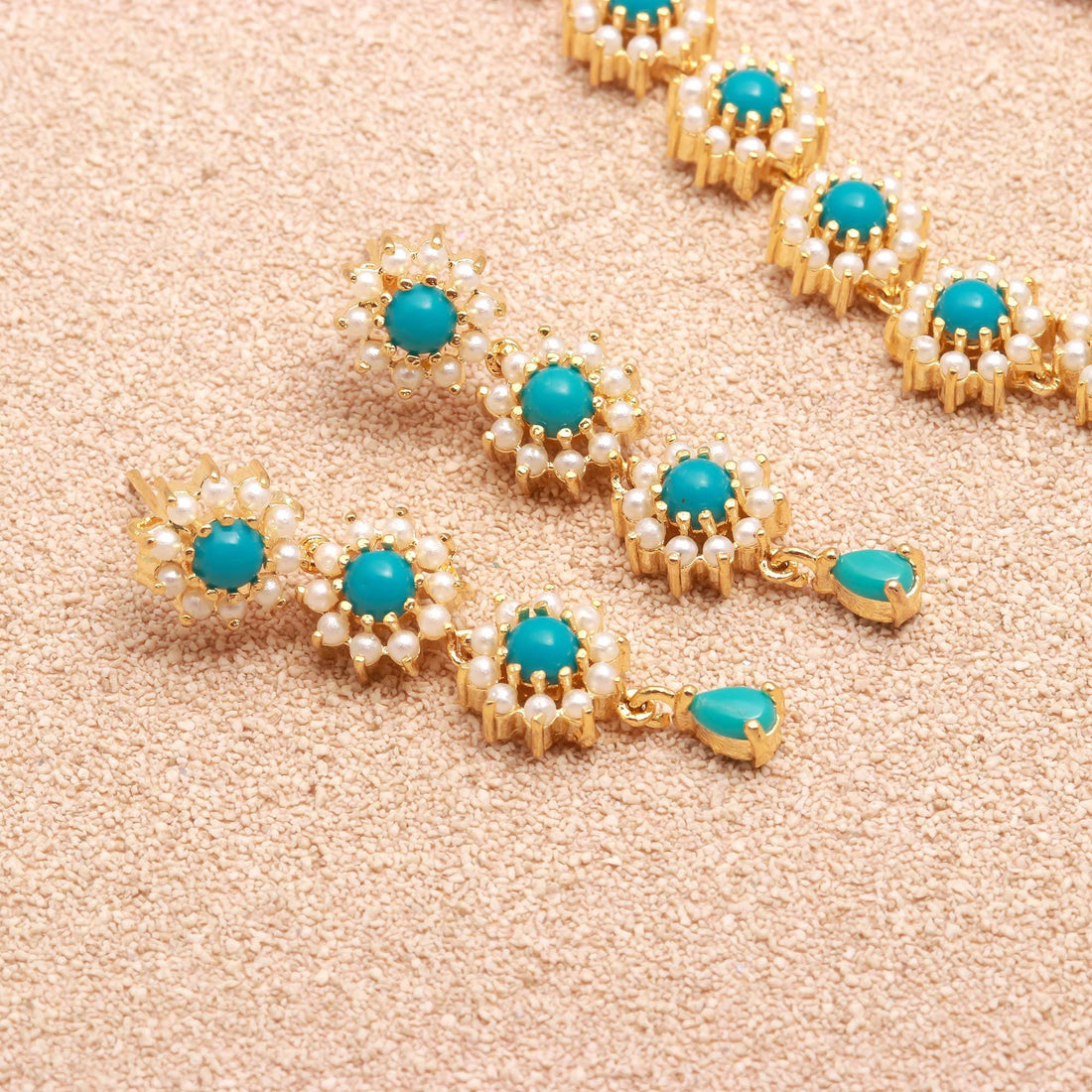 Blue White Necklace Set | Turquoise Pearl Jewelry | Gift For Women | Bridal Necklace | Wedding Necklace | 22K Gold Plated Necklace — 2