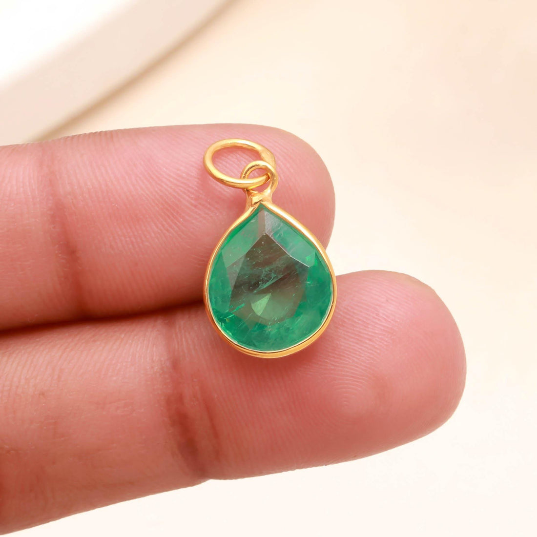 Russian Emerald Gold Charm Pendant | 7.5 Ct Pear Cut Emerald Pendant | 9K Gold Bezel Set Charm | Gift for Women | Green Gemstone Pendant — 4
