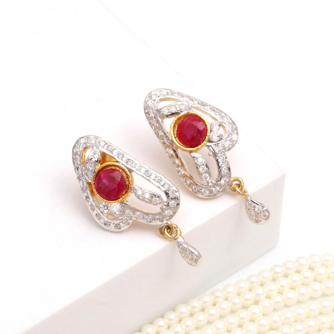 Pearl Multi Layer Choker Necklace Set with Ruby | 22K Gold Plated CZ Jewelry | Wedding Necklace | Gift For Her | Indian Statement Choker — 4