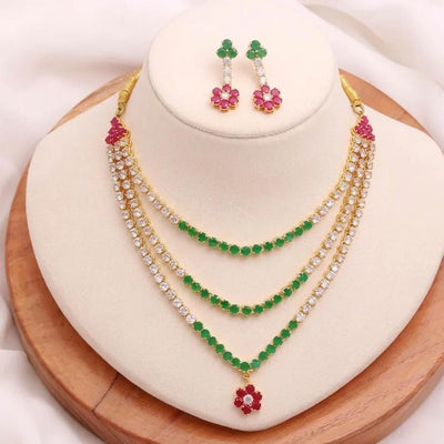 22K Gold Plated Ruby & Emerald CZ Necklace Earrings Set | Layered Big Stone Bridal Tennis Jewelry | Gift For Her | Indian Bridal Jewelry