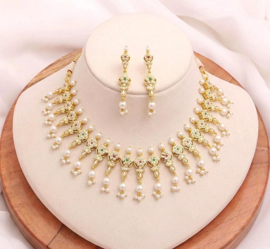 South Indian Ruby Emerald Pearl Long Necklace | Gold Plated Traditional Haram | Bridal Wedding Necklace | Engagement Jewelry | Gift for Her — 1