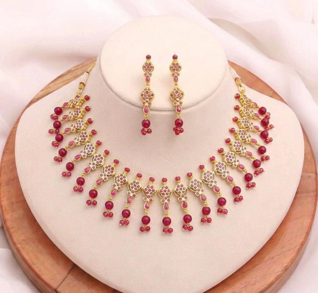 South Indian Ruby Emerald Pearl Long Necklace | Gold Plated Traditional Haram | Bridal Wedding Necklace | Engagement Jewelry | Gift for Her — 3