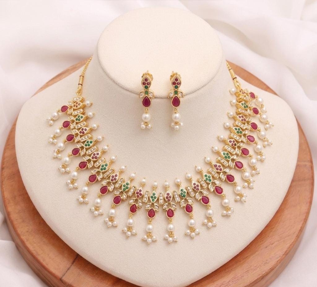 Gold Plated Ruby Bridal Necklace Set | South Indian Wedding Jewelry | Gift For Her | Traditional Necklace | Engagement Necklace — 1