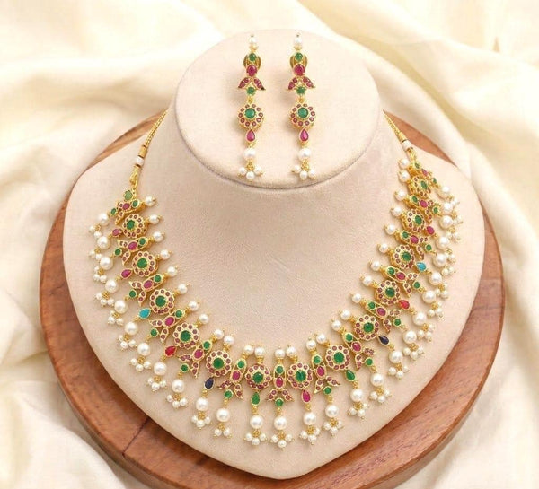 Gold Plated Ruby Necklace Set | South Indian Bridal Wedding Necklace | Traditional Jewelry | Ethnic Statement Necklace | Gift For Her