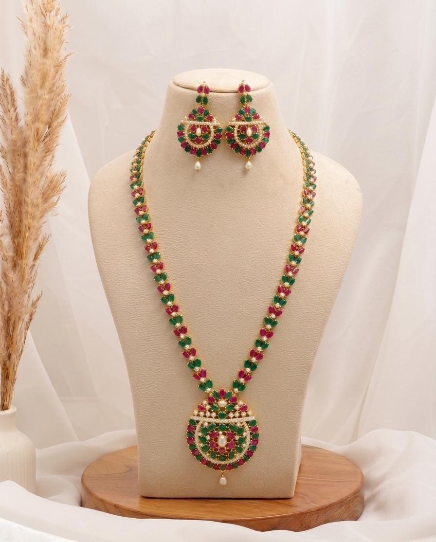 South Indian Ruby Emerald Pearl Necklace | Gold Plated Bridal Wedding Jewelry | Traditional Party Wear Necklace | Gift for Women — 1