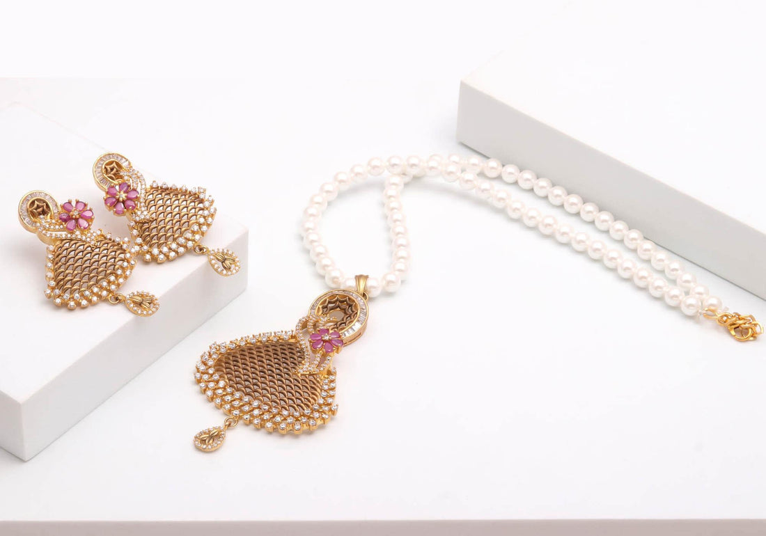 Elegant Swan Pendant Pearl Necklace Set |22K Gold Plated CZ Ruby Bridal Jewelry | Party Wear Necklace |Indian Wedding Necklace |Gift For Her — 1
