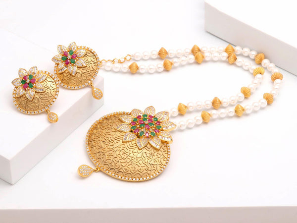 Antique Rajwadi Pearl Necklace Set | 22K Gold Plated Multicolor CZ Bridal Jewelry | Traditional Indian Wedding Necklace | Gift For Women