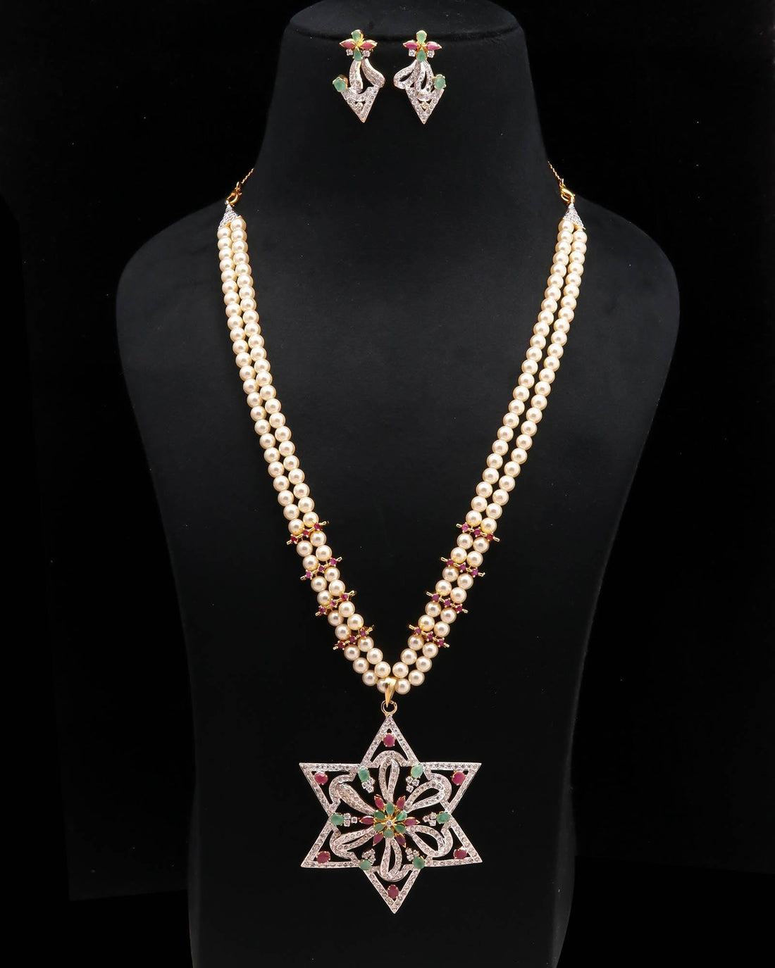 Two Line Pearl Necklace Set | 22K Gold Plated Star Emerald Ruby CZ Jewelry |Bridal Wedding Necklace |Traditional Jewelry |Gift For Her — 2