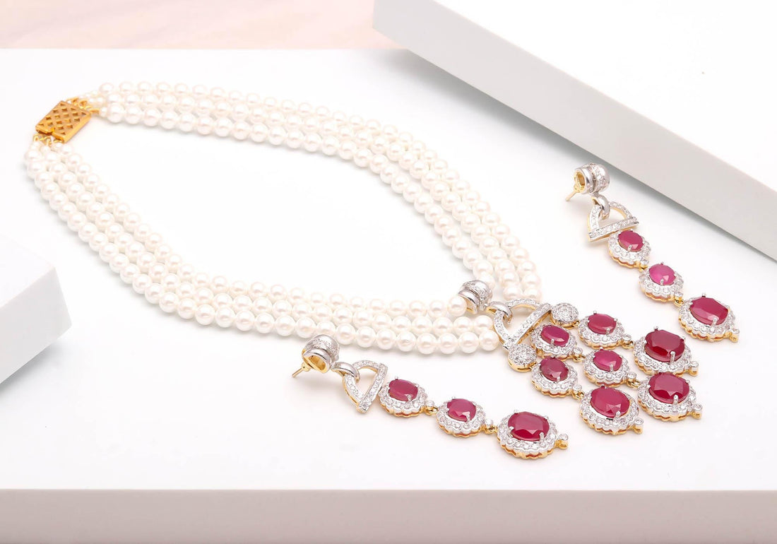 Ruby Pink Pearl Pendant Necklace | 22K Gold Plated Round Bridal Jewelry | Indian Wedding Necklace |Party Wear Pearl Necklace |Gift For Women — 1