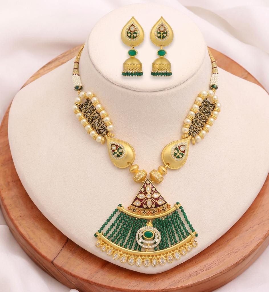 Dainty Emerald CZ Necklace Set | 22K Yellow Gold Plated AAA Emerald Bridal Jewelry | Wedding Necklace | Statement Necklace | Gift For Women — 1