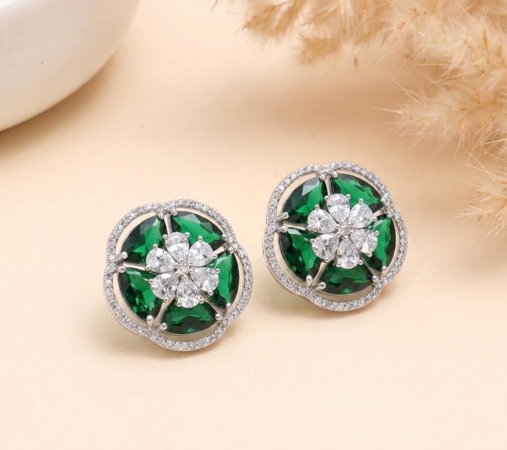 Flower Emerald Stud Earrings | Rose Gold Plated CZ Small Studs | Bridal Wedding Jewelry | Floral Minimalist Earrings | Gift for Her — 1