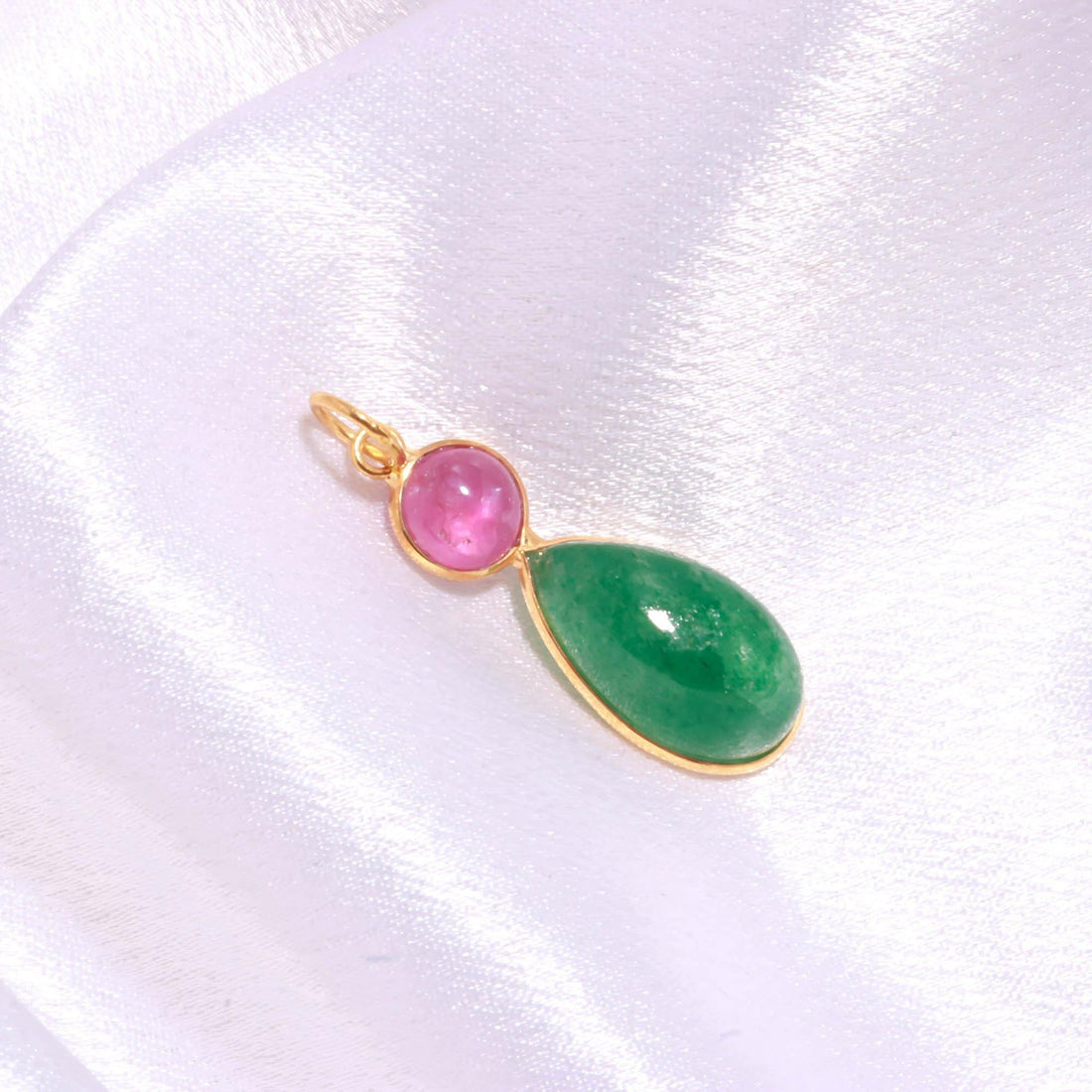 Ruby Aventurine Gold Charm Pendant | 9K Gold Bezel Set Gemstone Charm | Round Pear Cabochon Pendant | Gift For Her | Everyday Jewelry — 2