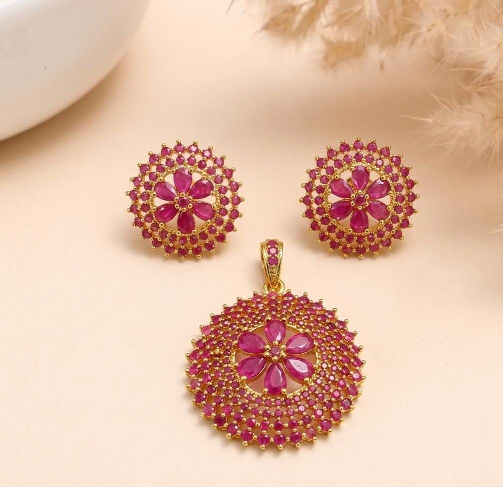 22K Gold Plated Pendant Earring Set | Indian Jewelry | Traditional Bridal Wedding Jewelry | Party Wear Pendant Earrings | Gift for Her — 8