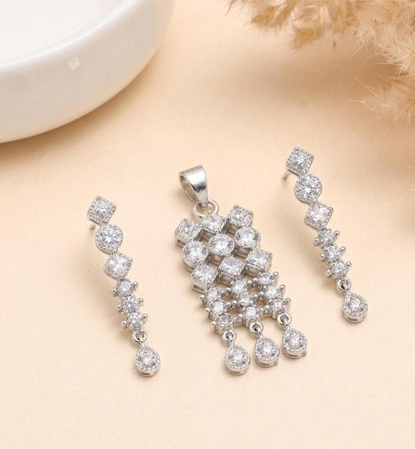 Silver CZ Necklace Set | Geometric Crystal Jewelry | Minimal Pendant Necklace and Earrings