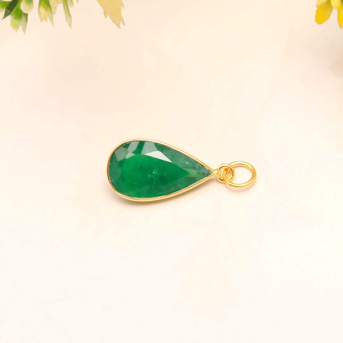 Zambian Emerald Gold Charm Pendant | 9K Gold Pear Cut Emerald Charm | 14 Ct Bezel Set Gemstone Pendant |May Birthstone Jewelry |Gift For Her — 3