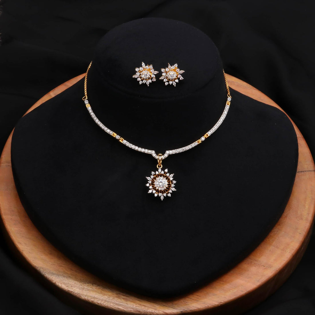 Sunburst Cluster CZ Pendant Set | 22K Gold Plated Pendant Necklace & Earrings | Round Marquise Crystal Jewelry | Bridal Pendant Necklace — 3